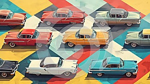 AI generated illustration of a vibrant background of vintage automobiles lined up in a row