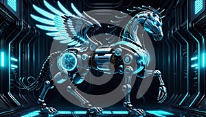 AI generated illustration of a vibrant blue robotic horse with glowing details