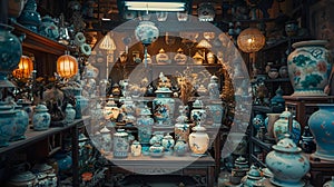 AI generated illustration of Vibrant blue and white vases fill a small store interior