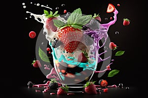 AI generated illustration of a vibrant and a bowl of fresh summer berries and a scoop of ice cream