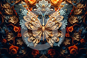 AI generated illustration of a vibrant butterfly with gold wings and bright, colorful flowers