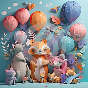 AI generated illustration of a vibrant and cheerful hand-crafted paper animals