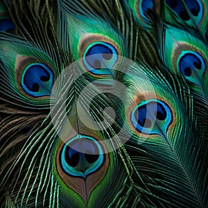AI generated illustration of a vibrant close-up of the intricate feathers of a blue peacock