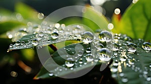AI generated illustration of a vibrant close-up shot of dew drops on a green leaf