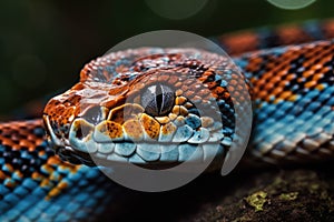 AI generated illustration of a vibrant-colored snake in a field