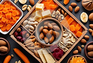 AI generated illustration of a vibrant and colorful assortment of snacks featuring almonds, cheese
