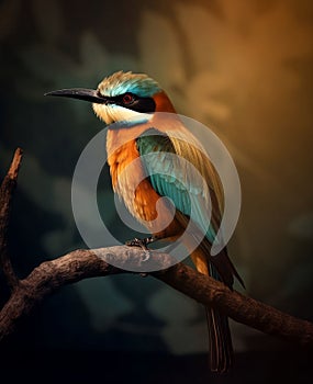 AI generated illustration of A vibrant and colorful bird perched atop a sun-drenched tree branch