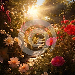 AI generated illustration of a vibrant and colorful garden with flowers, illuminated by the sun
