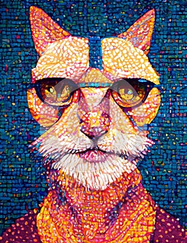 AI generated illustration of a vibrant, colorful portrait featuring a whimsical cat wearing glasses