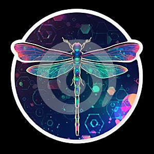 AI generated illustration of a vibrant dragonfly on a black backdrop featuring a geometric pattern