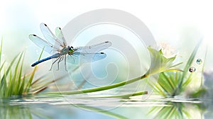 AI generated illustration of a vibrant dragonfly upon a flower in the foreground
