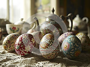 AI generated illustration of vibrant Easter eggs displayed with teacups and teapots on a table