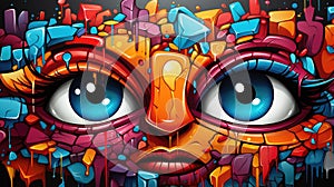 AI generated illustration of vibrant graffiti art of a woman with big blue eyes