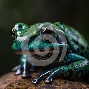 AI-generated illustration of A vibrant green frog perched atop a gray, rocky surface