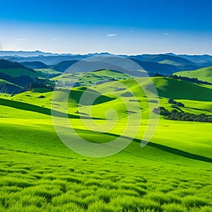 AI generated illustration of a vibrant green landscape with rolling hills and trees in a meadow