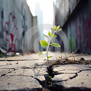 AI generated illustration of A vibrant green leaf rests on a sun-drenched cracked pavement.