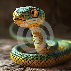 AI generated illustration of a vibrant green and yellow snake with a curious expression