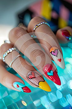 AI generated illustration of vibrant hearts nail art