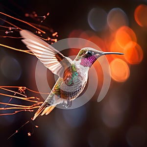 AI generated illustration of a vibrant hummingbird in midair against a bokeh background