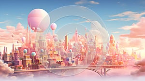 AI generated illustration of a vibrant and lively pink cityscape featuring a flurry of balloons