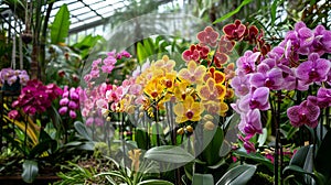 AI-generated illustration of vibrant orchids in a greenhouse