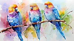 AI generated illustration of vibrant parrots perched on a branch, painted with watercolors