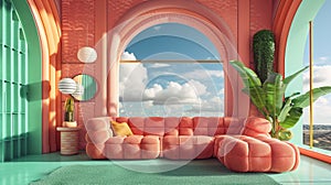AI generated illustration of vibrant pink furnishings, complemented by striking blue walls