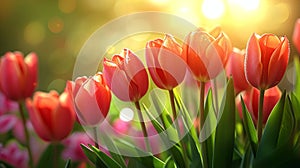 AI generated illustration of vibrant pink tulips resting on a verdant field with lush green leaves