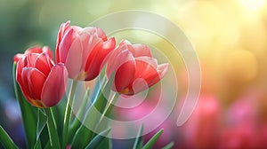 AI generated illustration of vibrant pink tulips resting on a verdant field with lush green leaves