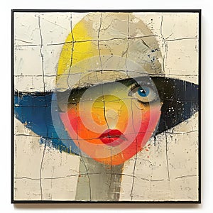 AI generated illustration of a vibrant portrait of a woman with a white hat and striking blue eyes