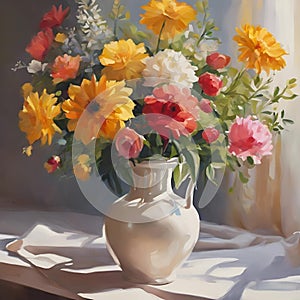 A vibrant yet soft collection of flowers in a vase at a window side photo