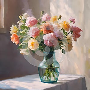A vibrant yet soft collection of flowers in a vase at a window s photo