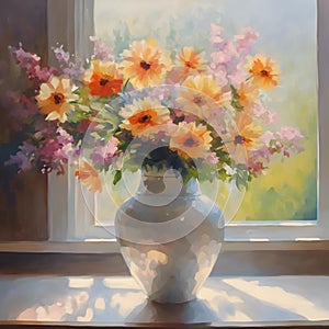 A vibrant yet soft composition of flowers at a window side photo