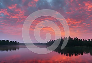 AI generated illustration of vibrant sunset over lake with pink clouds and vivid orange sky