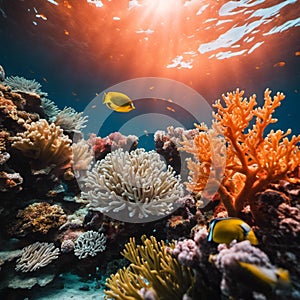 AI generated illustration of A vibrant underwater scene of a tropical coral reef and fish