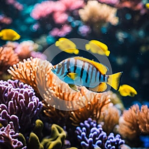 AI generated illustration of A vibrant underwater scene of a tropical coral reef and fish