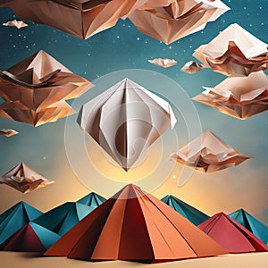 AI generated illustration of a vibrant view of several colorful paper origamis in a starry sky