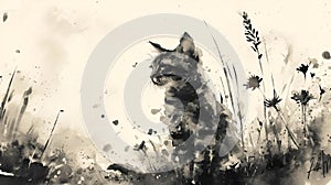 AI generated illustration of a vibrant watercolor painting of a cat lying in a lush field