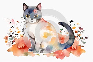 AI generated illustration of a vibrant watercolor painting of a cat on a white background