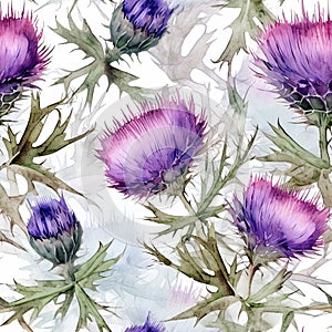 AI generated illustration of a vibrant watercolor painting of thistle flowers on a white background