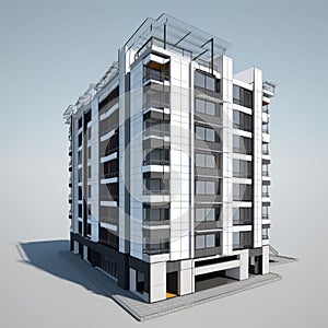 AI generated illustration of An view of a multi-story residential apartment building with balconies