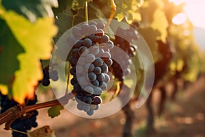 AI generated illustration of a vineyard at sunset, featuring green grape vines and clusters of ripe