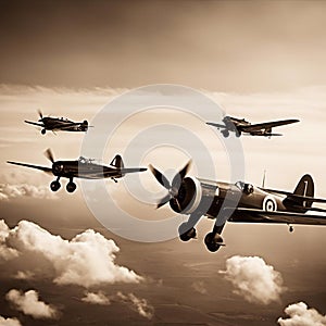 AI-generated illustration of vintage aircraft flying in unison against a heavenly