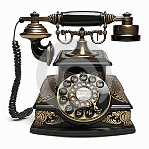 AI generated illustration of a vintage black rotary dial phone, old telephone with bronze ornaments