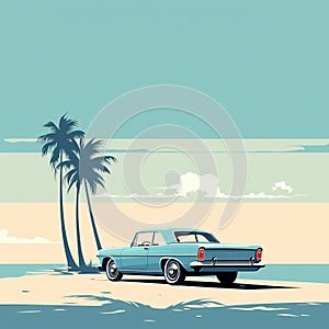 AI generated illustration of a vintage blue car parked on a sandy beach with tropical palm trees