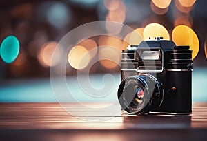 AI generated illustration of a vintage camera on a wooden table against a blurred, bokeh background