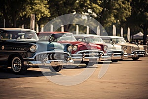 AI generated illustration of a vintage car show with a row of classic automobiles