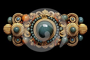 AI-generated illustration of a vintage golden broach with several precious stones decorating it