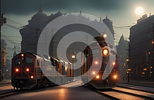 AI generated illustration of vintage locomotives travelling along railway tracks in the evening