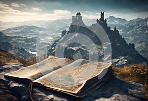 AI generated illustration of a vintage map lies on a large rock situated in front of a castle